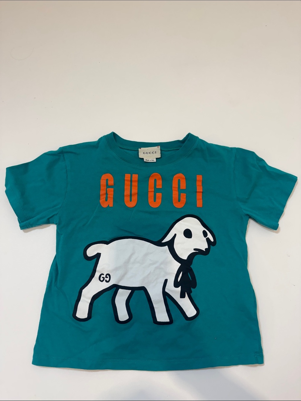 Gucci Teal Kids Graphic Logo Tee with White Lamb